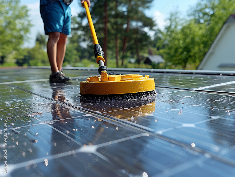 Fototapeta premium A worker is actively cleaning solar panels on a rooftop during bright sunlight, enhancing their efficiency and optimizing energy production while surrounded by greenery