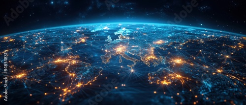 Aerial View of Europe at Night with Glowing City Lights and Network Connections
