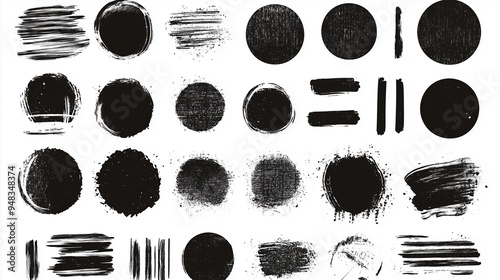 Abstract grunge vector design elements set featuring hand-drawn black ink circles and oval shapes with brush strokes on a white background. This versatile collection is ideal for web banners, posters,