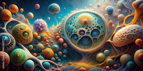 Biomorphic Synthesis: Organic forms, cellular structures, scientific imagery, surreal, scientific photo