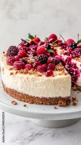 A creamy cheesecake with a graham cracker crust topped with fresh berries and a drizzle of berry sauce.