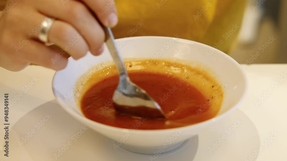 Dinner and meal with organic products concept. Young woman eating delicious red tomato soup in cafe. Vegetarian cuisine and healthy vegetable diet. Close up view of spoon stirring the soup Dinner and meal with organic products concept. Young woman eating delicious red tomato soup in cafe. Vegetarian cuisine and healthy vegetable diet. Close up view of spoon stirring the soup