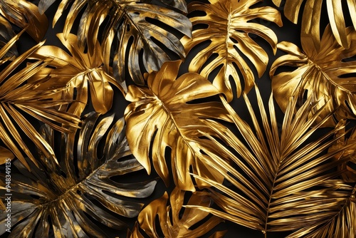 Nature background. Gold and green tropical palm leaves. Abstract summer jungle or forest pattern. White paper frame copy space.