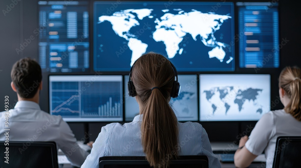 Group of businesspeople in a video conference, with global maps and data charts in the background, remote collaboration Group of businesspeople in a video conference, with global maps and data charts in the background, remote collaboration