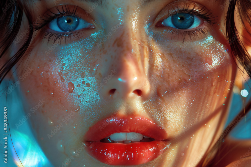 Woman showcases exquisite beauty makeup with radiant skin, sparkling eyes, and a captivating glossy lip look, illuminated by soft natural light and drops of water on her face Woman showcases exquisite beauty makeup with radiant skin, sparkling eyes, and a captivating glossy lip look, illuminated by soft natural light and drops of water on her face