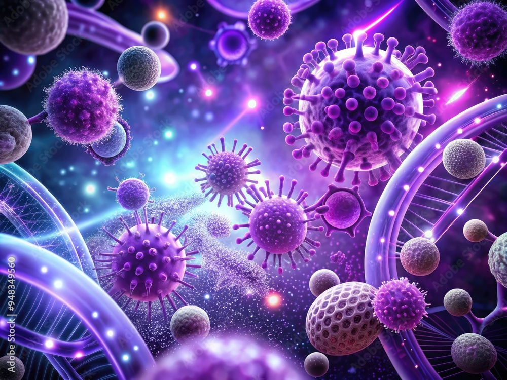 Biotech Breakthroughs: Secondary: Technological, Mood/Style: Futuristic, Technical: Genetic engineering, Color: Purple, Concept: Advancements in microbial biotechnology Biotech Breakthroughs: Secondary: Technological, Mood/Style: Futuristic, Technical: Genetic engineering, Color: Purple, Concept: Advancements in microbial biotechnology