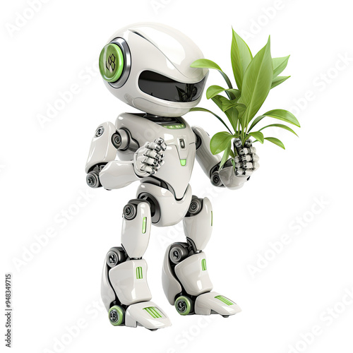 An illustration of a robot holding a green plant