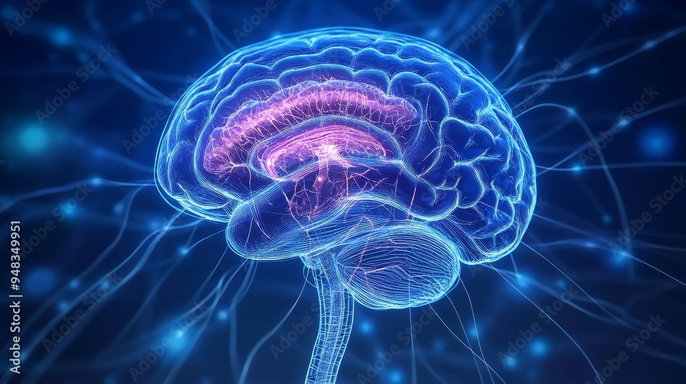 Naklejka premium An anatomical illustration of the human brain showcasing the hypothalamus and limbic system, highlighting their roles in regulating emotions, behavior, and homeostasis.
