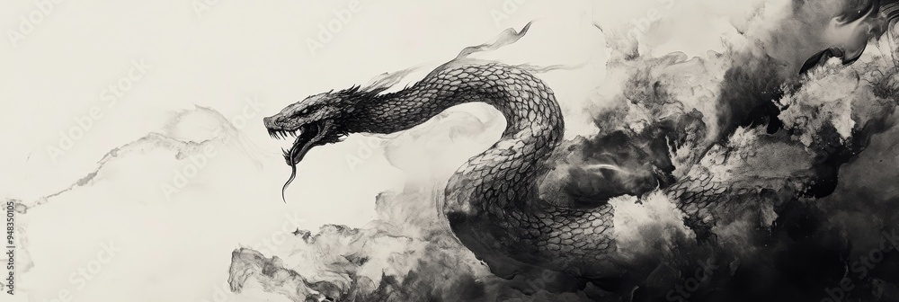 An elegant and ethereal Chinese ink painting depicting a serpent rising from a swirling cloud of ink. The serpent is a symbol of power, wisdom, and transformation, while the ink represents the fluidit An elegant and ethereal Chinese ink painting depicting a serpent rising from a swirling cloud of ink. The serpent is a symbol of power, wisdom, and transformation, while the ink represents the fluidit