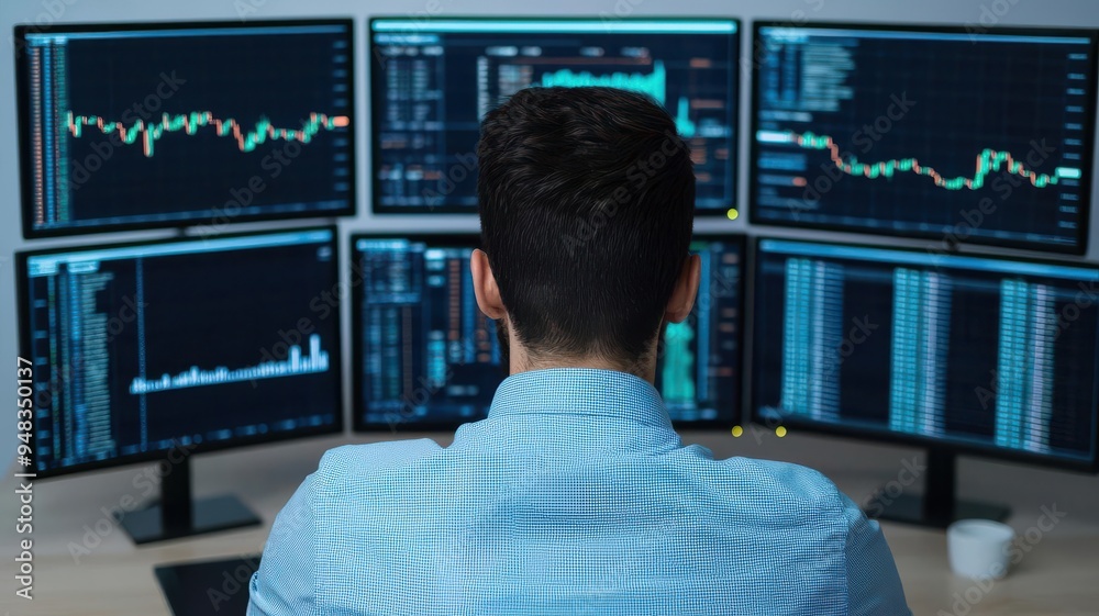 Office worker analyzing market trends in a high-tech office, with multiple screens and data feeds Office worker analyzing market trends in a high-tech office, with multiple screens and data feeds