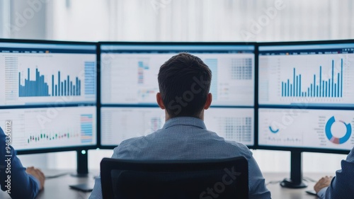 Marketing team analyzing consumer data on large monitors, data-driven decision-making in business