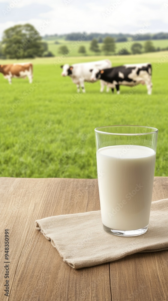 A selection of diverse milk products is artfully arranged on a rustic wooden table, complemented by a backdrop of cows grazing in a lush pasture A selection of diverse milk products is artfully arranged on a rustic wooden table, complemented by a backdrop of cows grazing in a lush pasture
