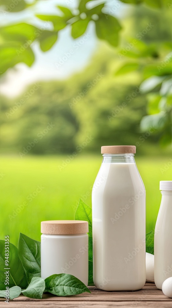 A selection of diverse milk products is artfully arranged on a rustic wooden table, complemented by a backdrop of cows grazing in a lush pasture A selection of diverse milk products is artfully arranged on a rustic wooden table, complemented by a backdrop of cows grazing in a lush pasture