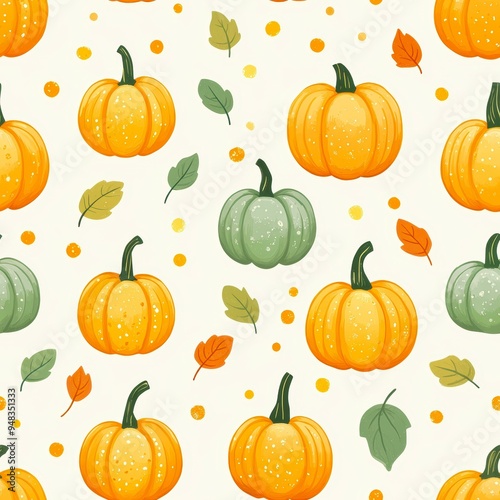 A seamless pattern with orange and green pumpkins along with autumn leaves on a light background, perfect for seasonal decoration, fabric design, and fall-themed events,