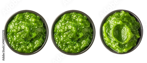 Three bowls of green sauce, perfect for dipping.