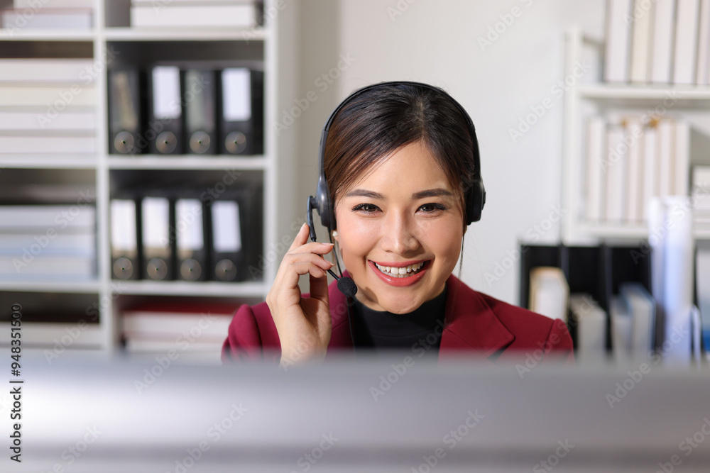 Businesswoman wear headphone while participating in an online seminar on her computer. Telephone operator work in office and talk with customer. Call center staff Businesswoman wear headphone while participating in an online seminar on her computer. Telephone operator work in office and talk with customer. Call center staff