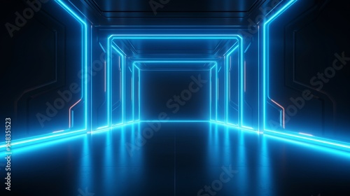 Wallpaper Mural A futuristic hallway illuminated by blue neon lights in a dark setting, creating a vibrant and immersive atmosphere Torontodigital.ca