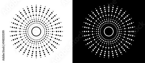 Art sun background. Icon template or logo with halftone dotted lines. Black shape on a white background and the same white shape on the black side.