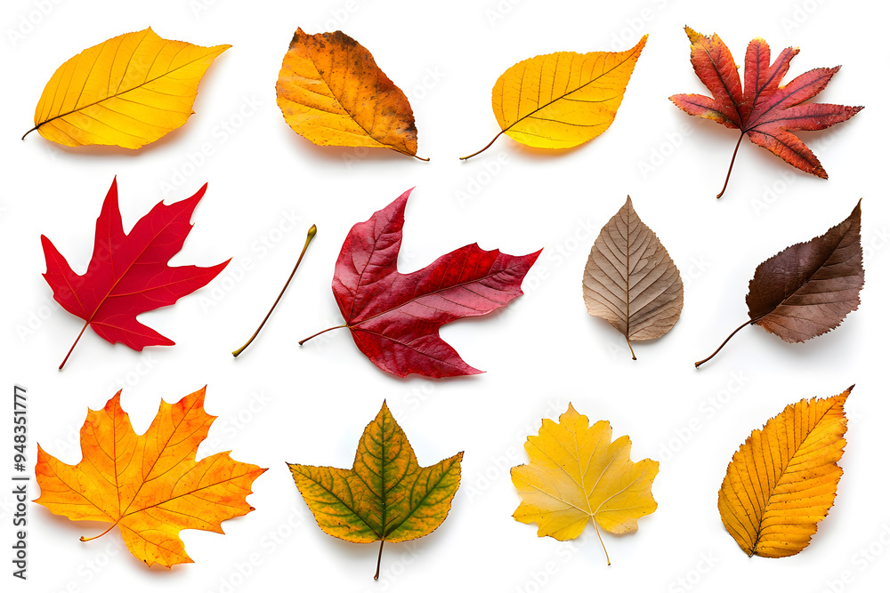Fototapeta premium Collection of multicolored fallen autumn leaves isolated on white background