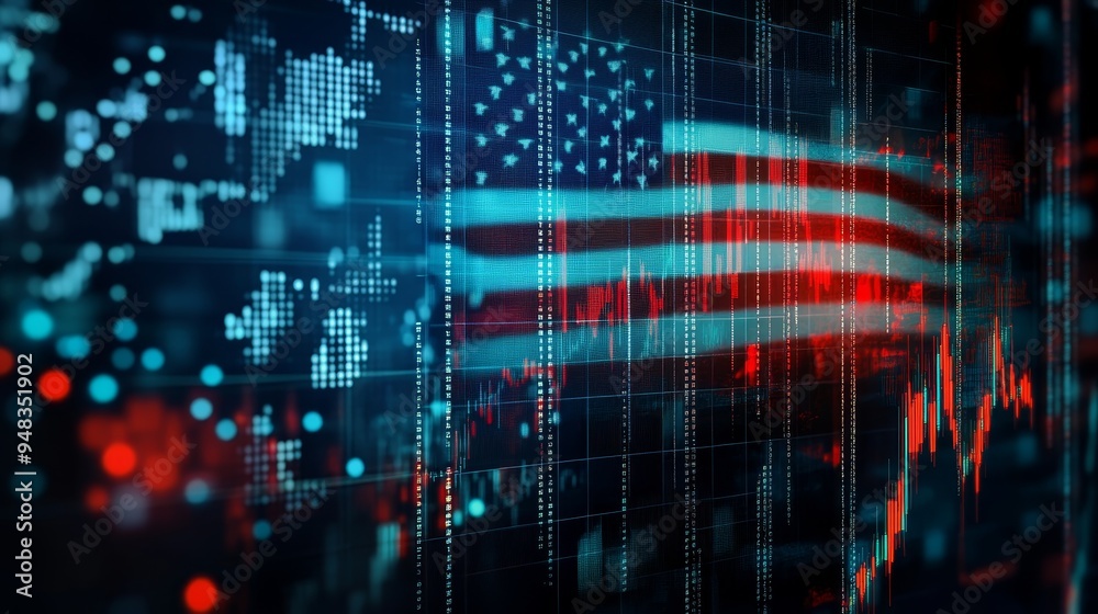 The image represents the US economy, with the American flag overlaid on a stock market chart, showcasing the interconnectivity between national identity and economic performance. The red and blue colo The image represents the US economy, with the American flag overlaid on a stock market chart, showcasing the interconnectivity between national identity and economic performance. The red and blue colo