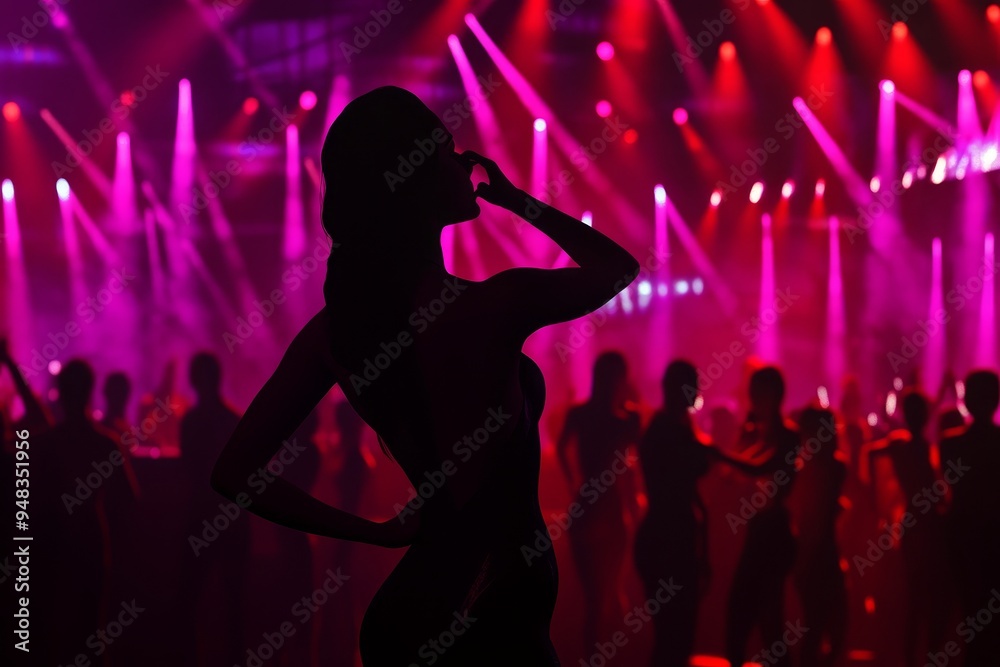 People raise their hands on a dance floor with neon lights, motion, youth and purple-pink colors. Night life, club, music, dance, movement.