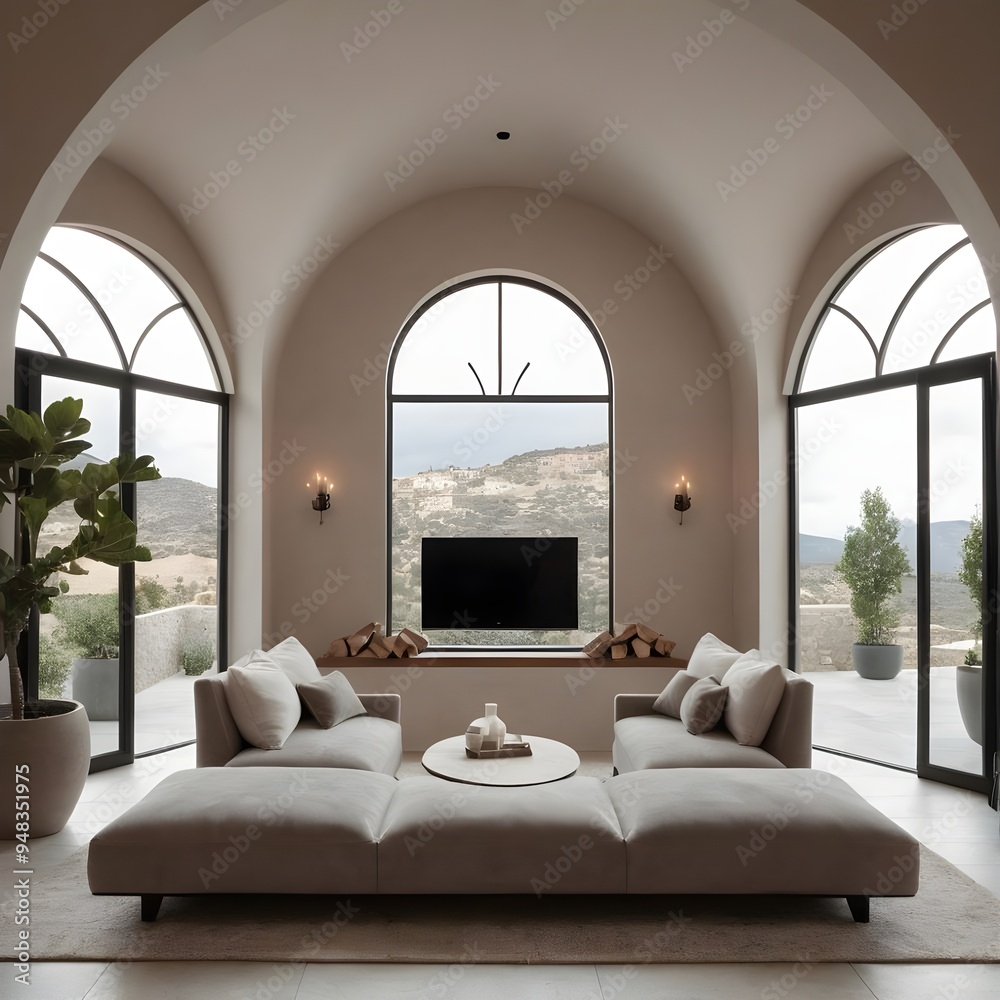 Fototapeta premium living room featuring arched windows and a cozy fireplace in a minimalist design Scandinavian style