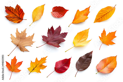 Collection of multicolored fallen autumn leaves isolated on white background