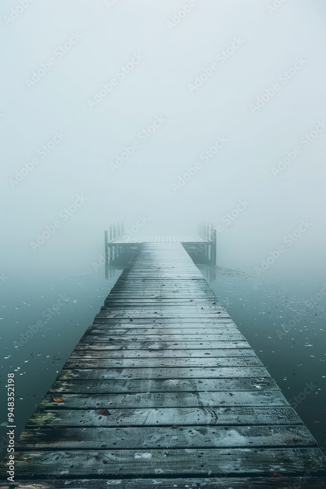 The misty dock is beautifully positioned over the water during the tranquil early morning hours The misty dock is beautifully positioned over the water during the tranquil early morning hours