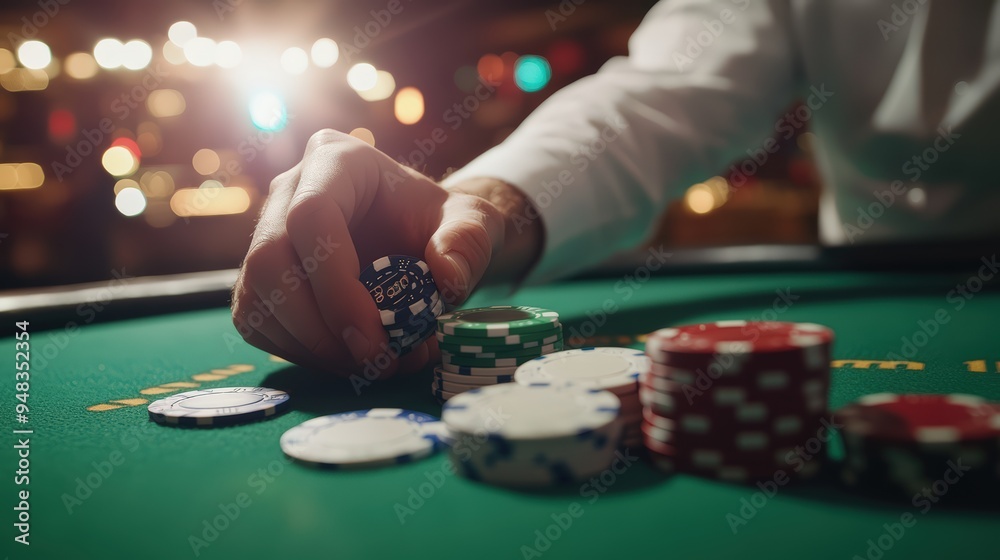 Poker table featuring a hand holding playing cards and stacks of poker chips, set against a vibrant casino backdrop Poker table featuring a hand holding playing cards and stacks of poker chips, set against a vibrant casino backdrop
