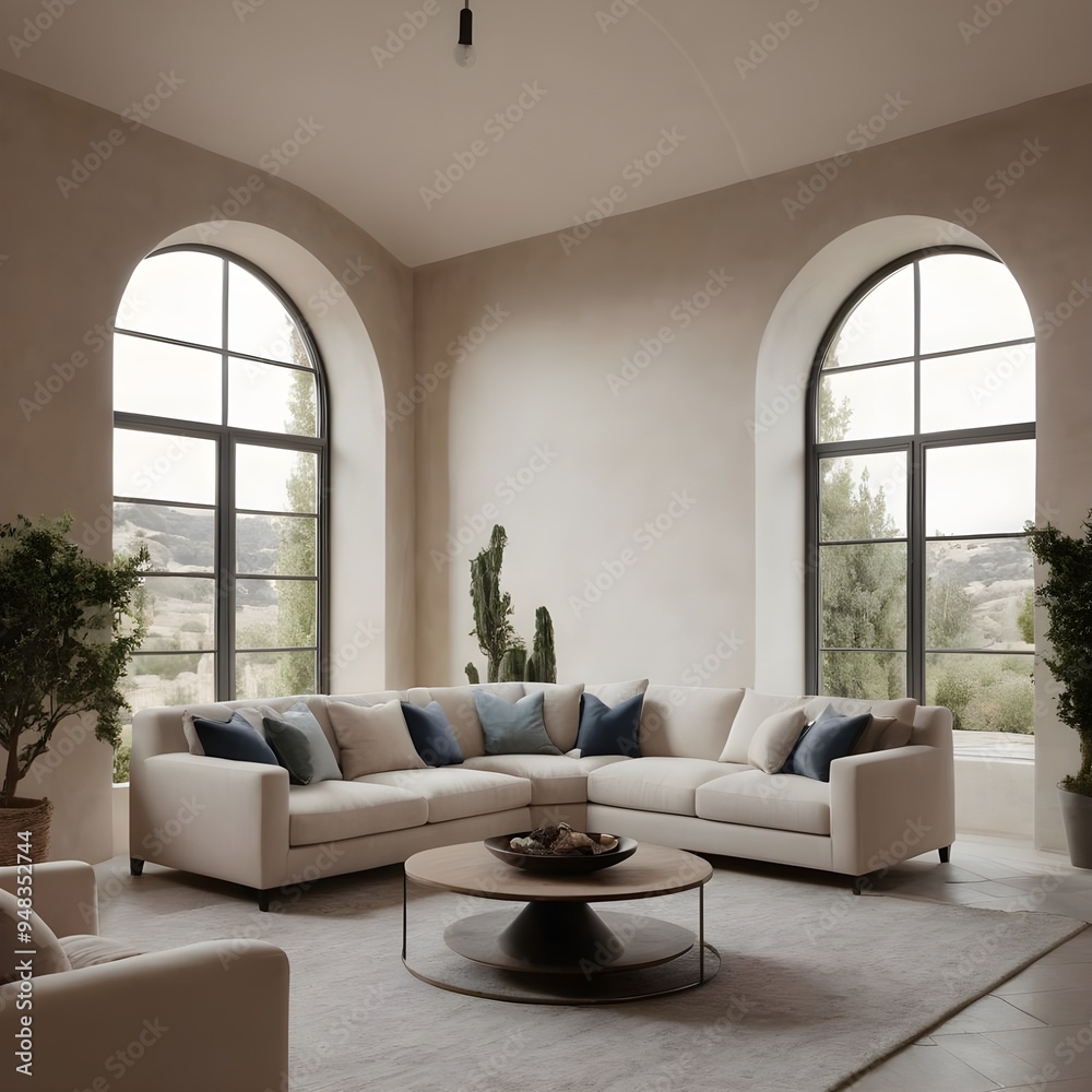 living room featuring arched windows and a cozy fireplace in a minimalist design Scandinavian style