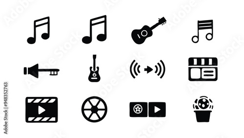 A set of 12 black and white icons depicting music, entertainment, and audio visual tools, including guitar, music notes, sound waves, and media players.