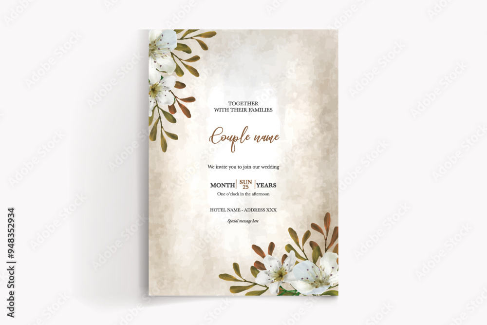 WEDDING INVITATION FRAME WITH FLOWER DECORATIONS WITH FRESH LEAVES