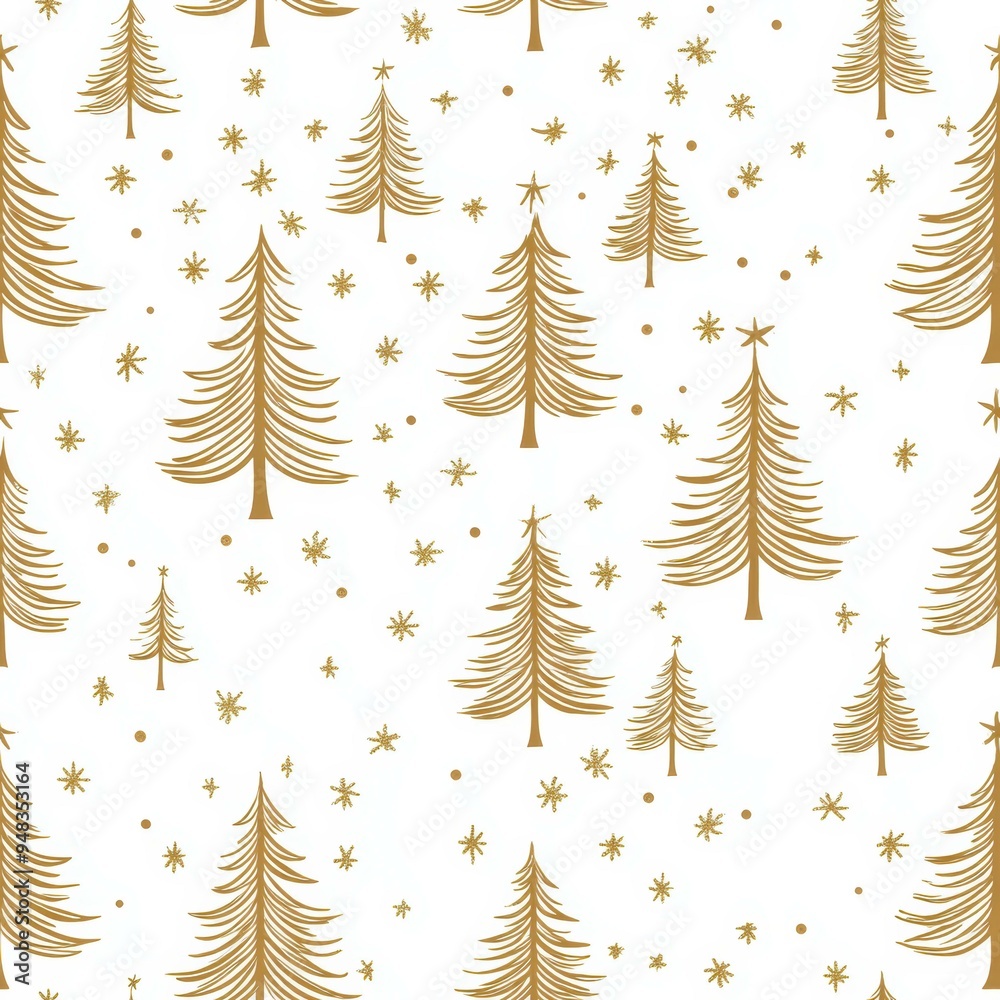 Obraz premium Gold Christmas tree pattern with snowflakes on a white background ideal for festive projects, cards, wrapping paper, and holiday decorations,