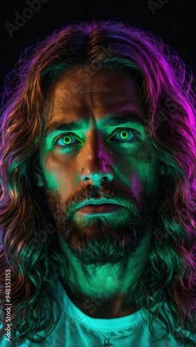 A man that looks like Jesus Christ with green eyes and a beard is staring at the camera