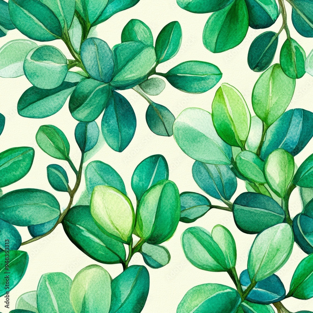 Fototapeta premium Watercolor painting of lush green leaves with a natural and calming aesthetic ideal for use in nature-themed designs, home decor, botanical illustrations, and eco-friendly branding,