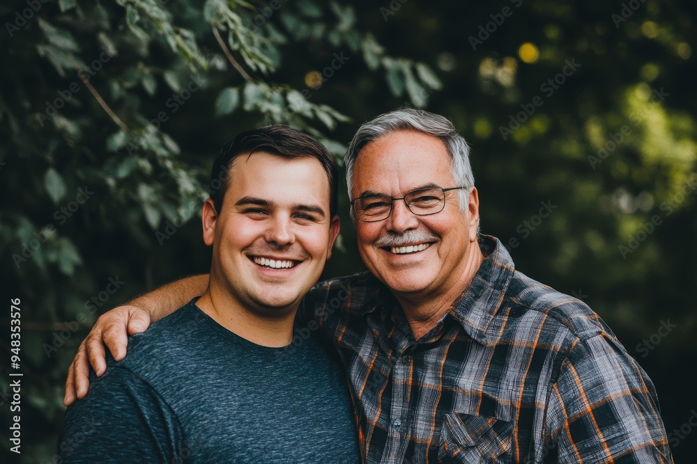 Obraz premium A mature hipster son and an old senior father stay at home to work, two generations have a beard and are talking with a smile, happy living to the isolation quarantine at home on Father's Day