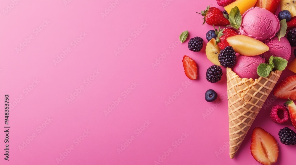A colorful ice cream cone topped with fresh fruits on a pink background. A colorful ice cream cone topped with fresh fruits on a pink background.