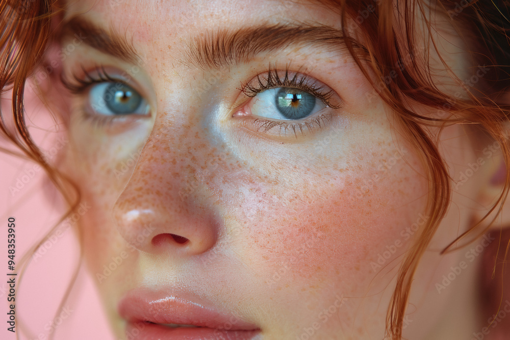 Close-up of young woman with striking blue eyes and freckled skin, expertly applied natural beauty makeup against a soft pink backdrop Close-up of young woman with striking blue eyes and freckled skin, expertly applied natural beauty makeup against a soft pink backdrop