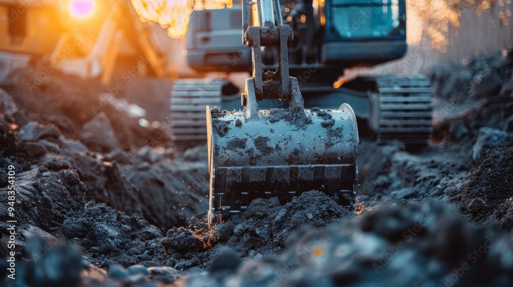 An Excavator is Actively Working on a Construction Site While the Sun Sets in the Background An Excavator is Actively Working on a Construction Site While the Sun Sets in the Background