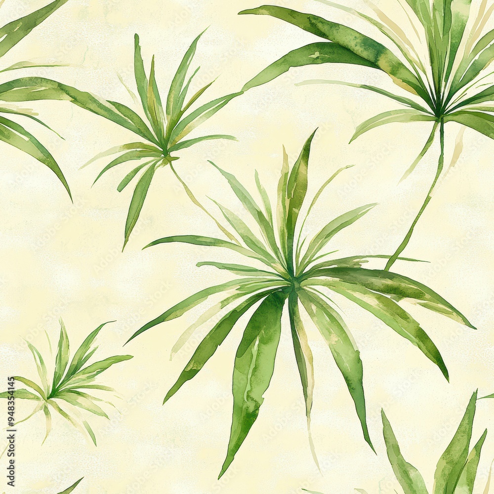 Obraz premium A watercolor image of green palm leaves on a light beige background, ideal for use in tropical-themed designs, invitations, or nature-inspired projects,