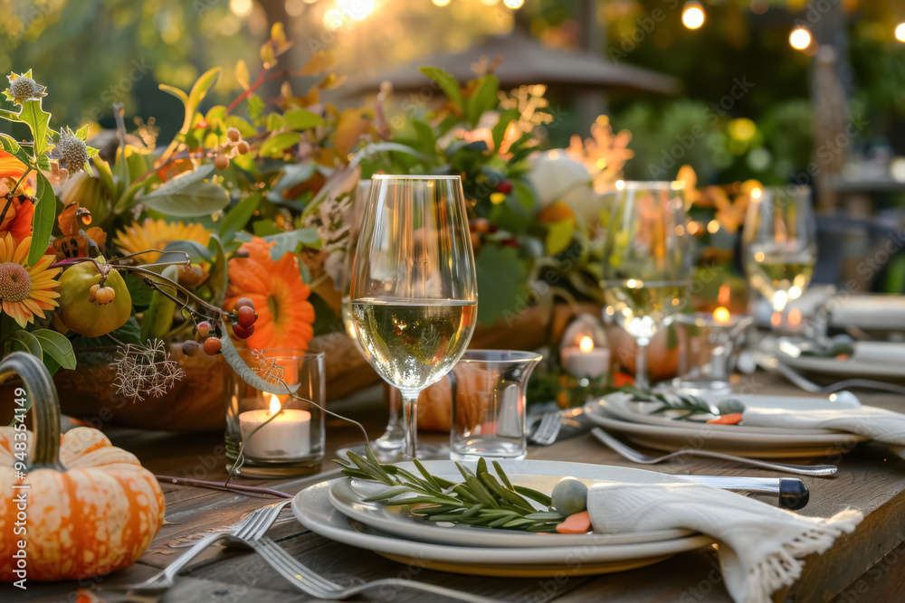 Autumn Harvest Dinner Table Decorated with Pumpkins and Flowers. A beautifully arranged table for a fall meal, showcasing small pumpkins, flowers, and wine glasses, bathed in soft sunlight.
Autumn Harvest Dinner Table Decorated with Pumpkins and Flowers. A beautifully arranged table for a fall meal, showcasing small pumpkins, flowers, and wine glasses, bathed in soft sunlight.