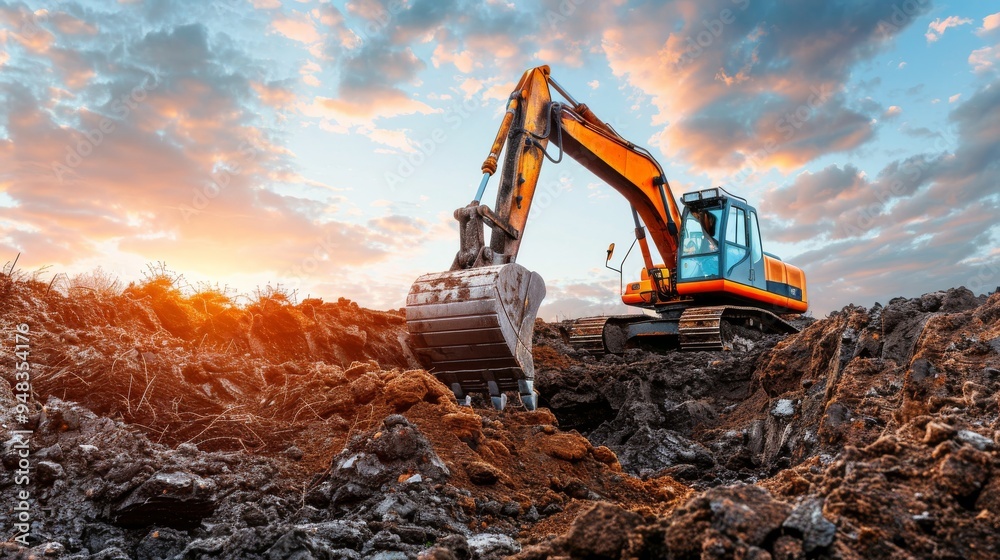 An Excavator is Actively Working at Sunset on a Construction Site, Showing Dynamic Progress An Excavator is Actively Working at Sunset on a Construction Site, Showing Dynamic Progress