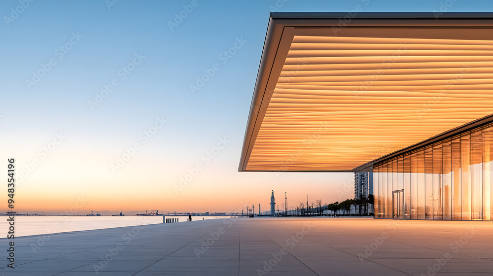 Steel canopy covering a modern public plaza evening ambience Steel canopy covering a modern public plaza evening ambience