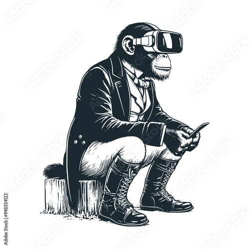 The chimpanzee use augmented reality headset and play smartphone. Vector illustration.
 photo