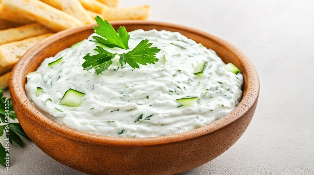 Fresh cucumber slices are paired with a smooth cream cheese spread in a wooden bowl, complemented by crunchy grissini on a lovely beige kitchen table Fresh cucumber slices are paired with a smooth cream cheese spread in a wooden bowl, complemented by crunchy grissini on a lovely beige kitchen table