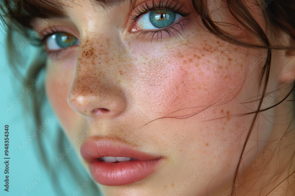 Close-up of a model with expertly applied fresh natural makeup, emphasizing her glowing skin, freckles, and captivating turquoise eyes Close-up of a model with expertly applied fresh natural makeup, emphasizing her glowing skin, freckles, and captivating turquoise eyes