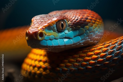 A close-up view of a colorful snake coiled gracefully on a surface, showcasing its vibrant scales in an artistic display of nature