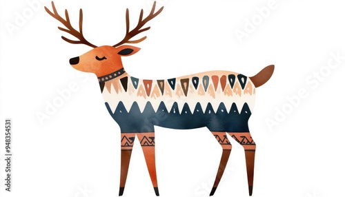 Boho Christmas deer clipart, with tribalpatterned fur, watercolor illustration, earthy tones, isolated on white background photo