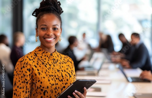 Happy, business and corporate employee with a tablet and the technology of a work office and a boardroom with a black woman using the tablet for training, meetings or teamwork.