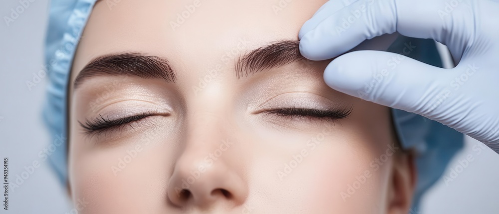 Closeup of a young womans eyes, the surgeons gloved hand gently pulling the skin, soft focus, presurgery examination, cosmetic procedure Closeup of a young womans eyes, the surgeons gloved hand gently pulling the skin, soft focus, presurgery examination, cosmetic procedure